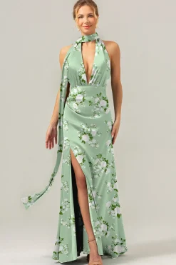 Sage bainha de flor branca V-neck backless longo vestido de dama de honra com fenda