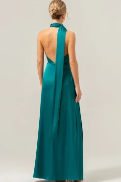 Sage bainha de flor branca V-neck backless longo vestido de dama de honra com fenda