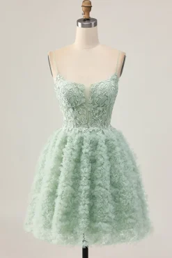 Sage Green A-Line Corset Homecoming Vestido com Apliques