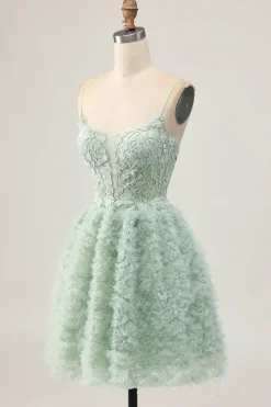 Sage Green A-Line Corset Homecoming Vestido com Apliques