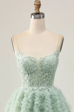 Sage Green A-Line Corset Homecoming Vestido com Apliques