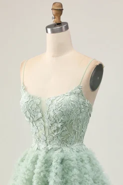 Sage Green A-Line Corset Homecoming Vestido com Apliques