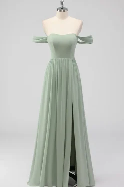 Sage Green A-Line Fora do Ombro Chiffon Vestido Longo Madrinha