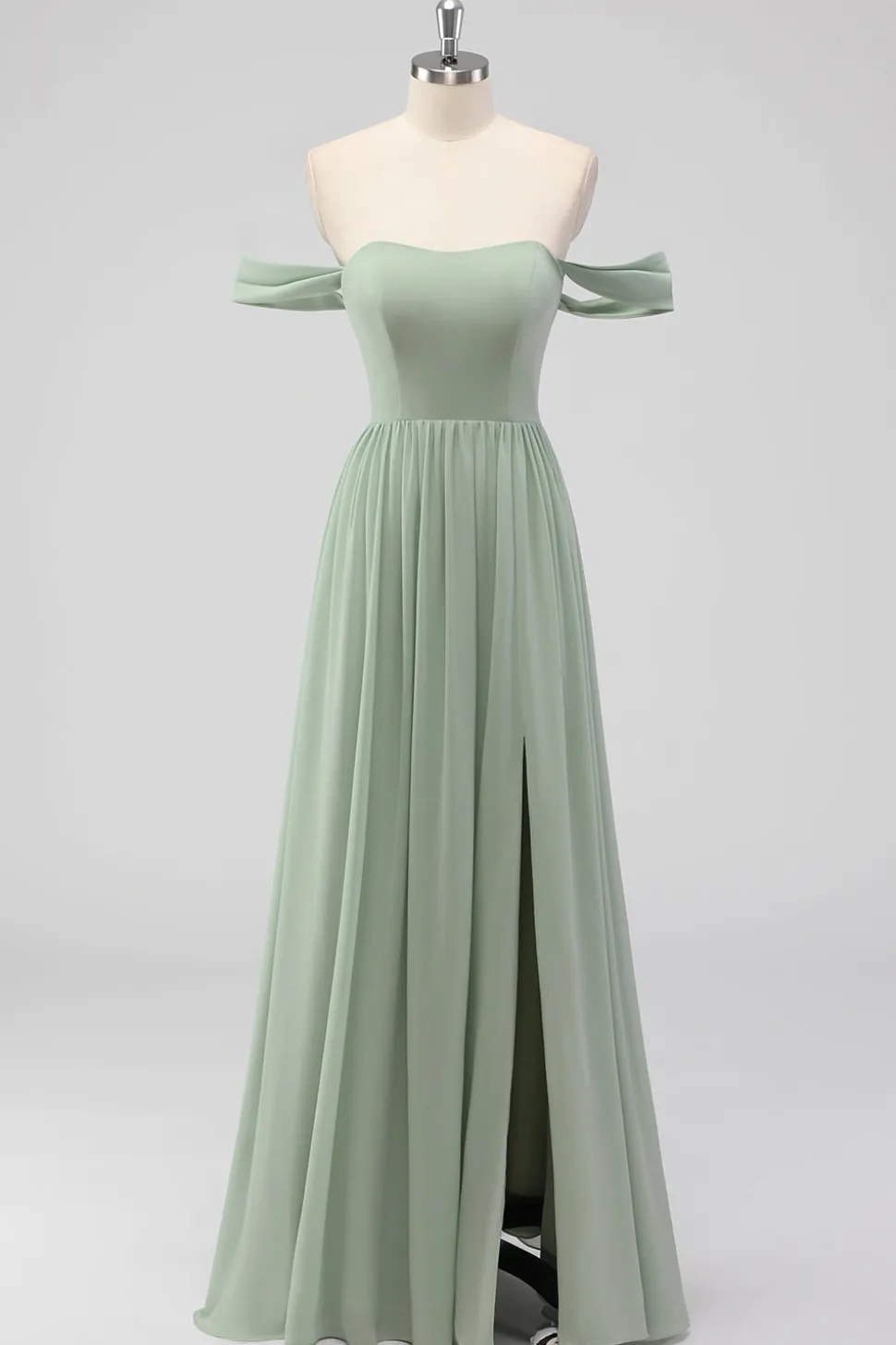 Sage Green A-Line Fora do Ombro Chiffon Vestido Longo Madrinha