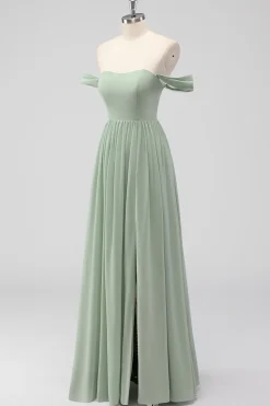 Sage Green A-Line Fora do Ombro Chiffon Vestido Longo Madrinha