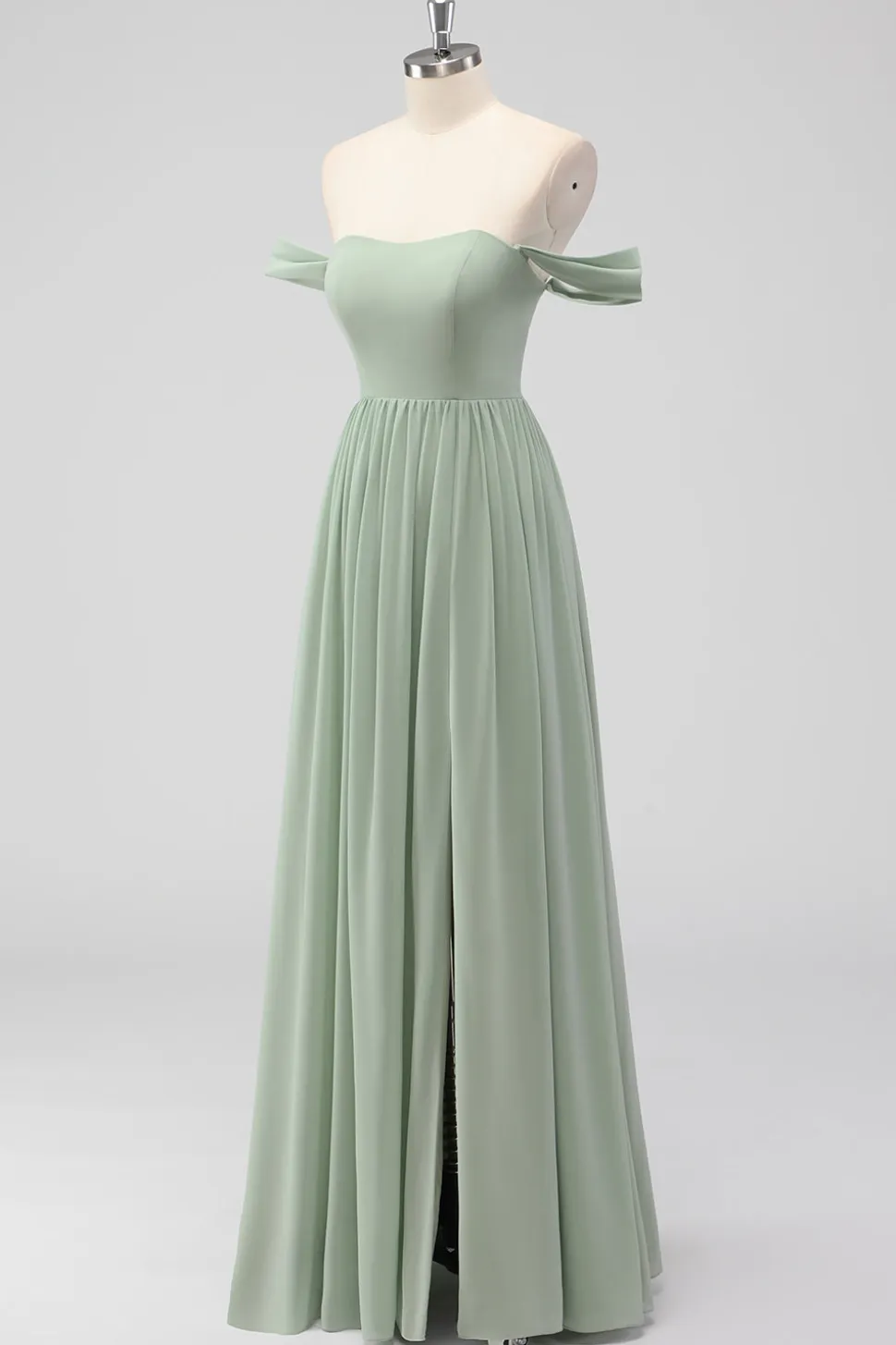 Sage Green A-Line Fora do Ombro Chiffon Vestido Longo Madrinha