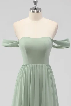 Sage Green A-Line Fora do Ombro Chiffon Vestido Longo Madrinha