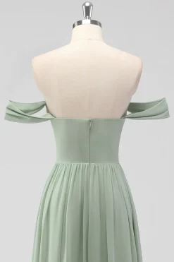 Sage Green A-Line Fora do Ombro Chiffon Vestido Longo Madrinha