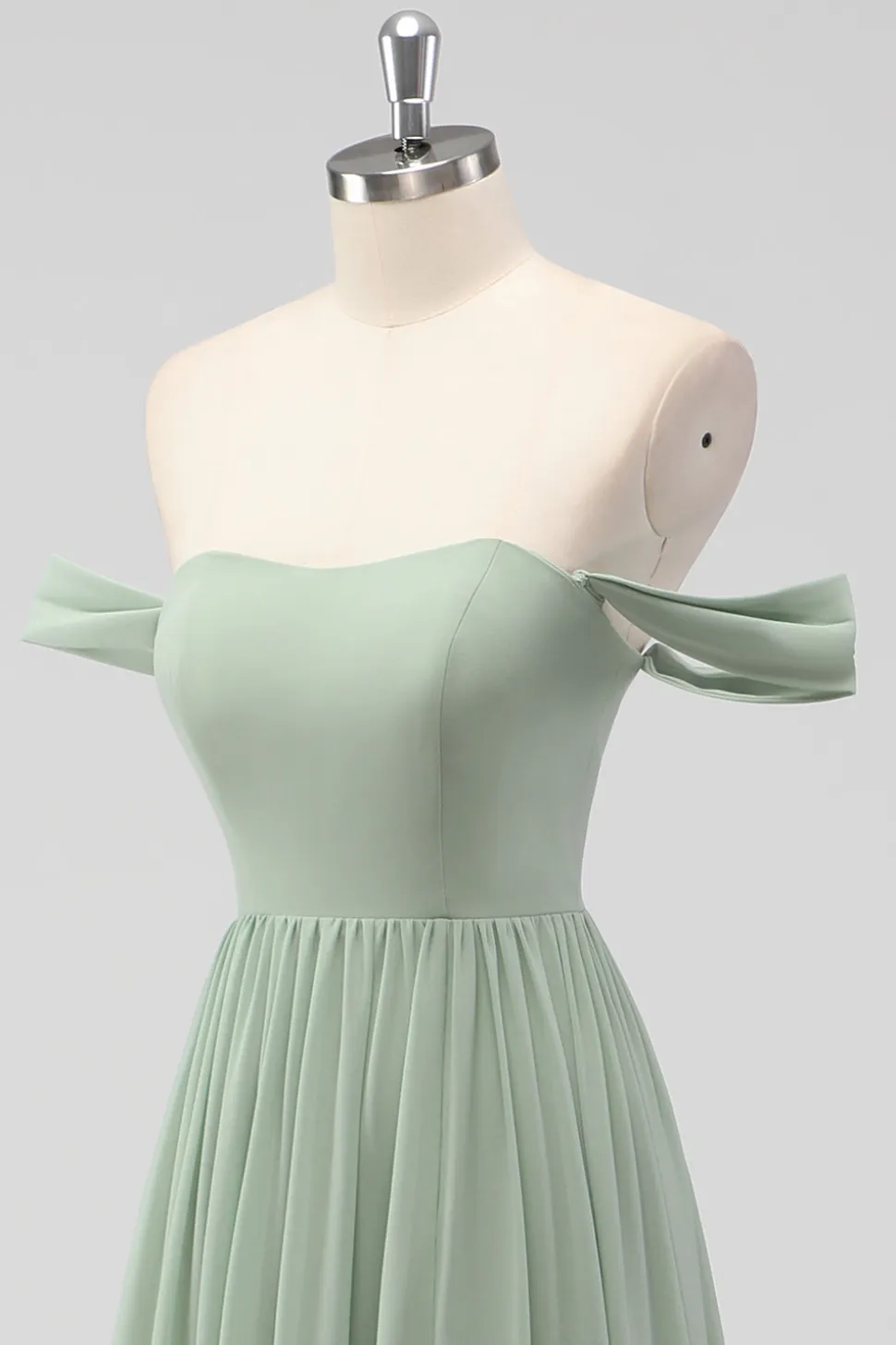 Sage Green A-Line Fora do Ombro Chiffon Vestido Longo Madrinha