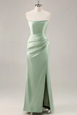 Sage Green cetim sem alças vestido longo dama de honra com fenda