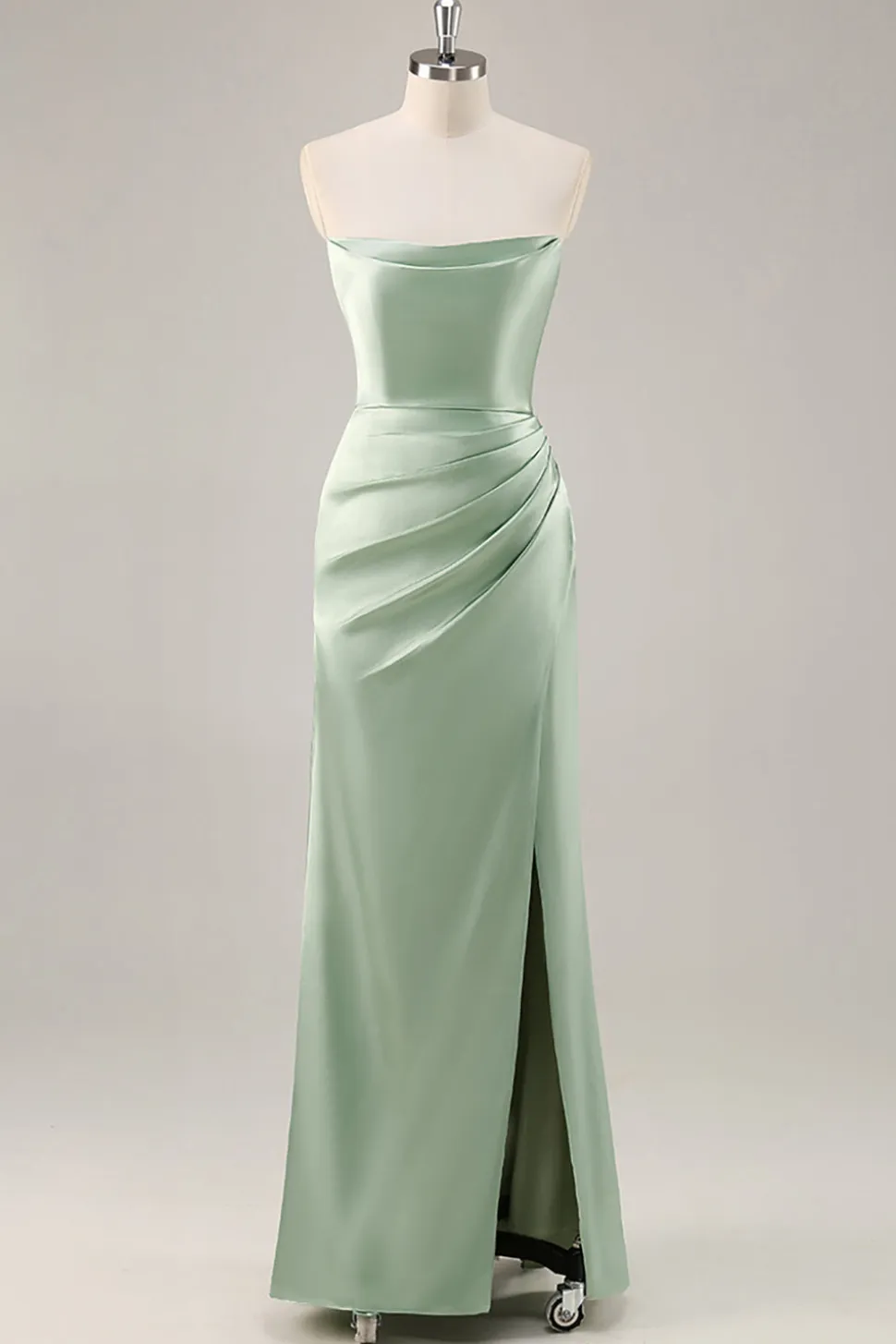 Sage Green cetim sem alças vestido longo dama de honra com fenda
