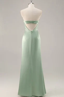 Sage Green cetim sem alças vestido longo dama de honra com fenda