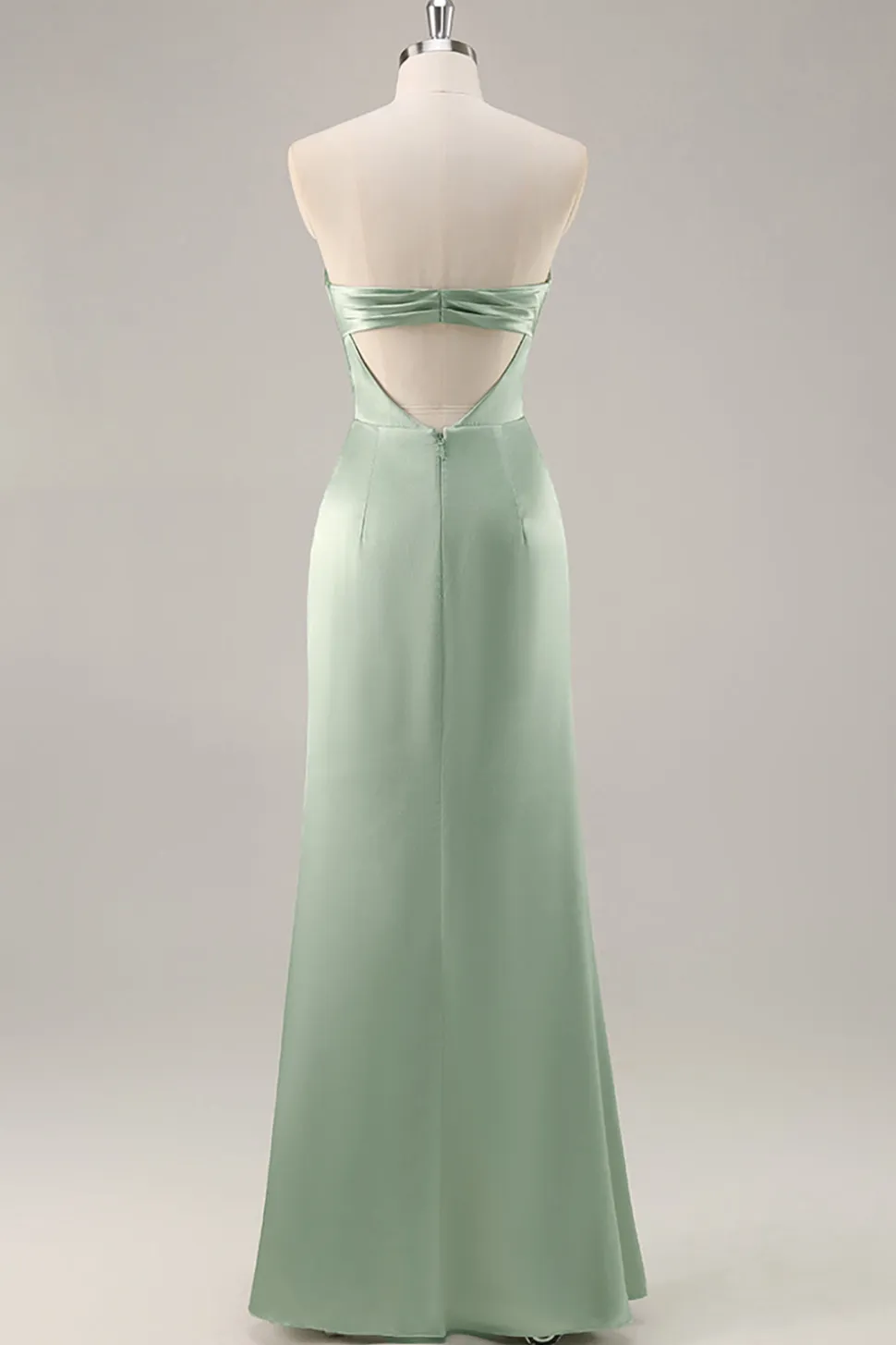 Sage Green cetim sem alças vestido longo dama de honra com fenda