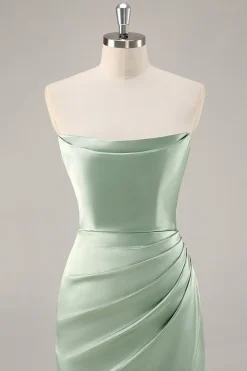 Sage Green cetim sem alças vestido longo dama de honra com fenda