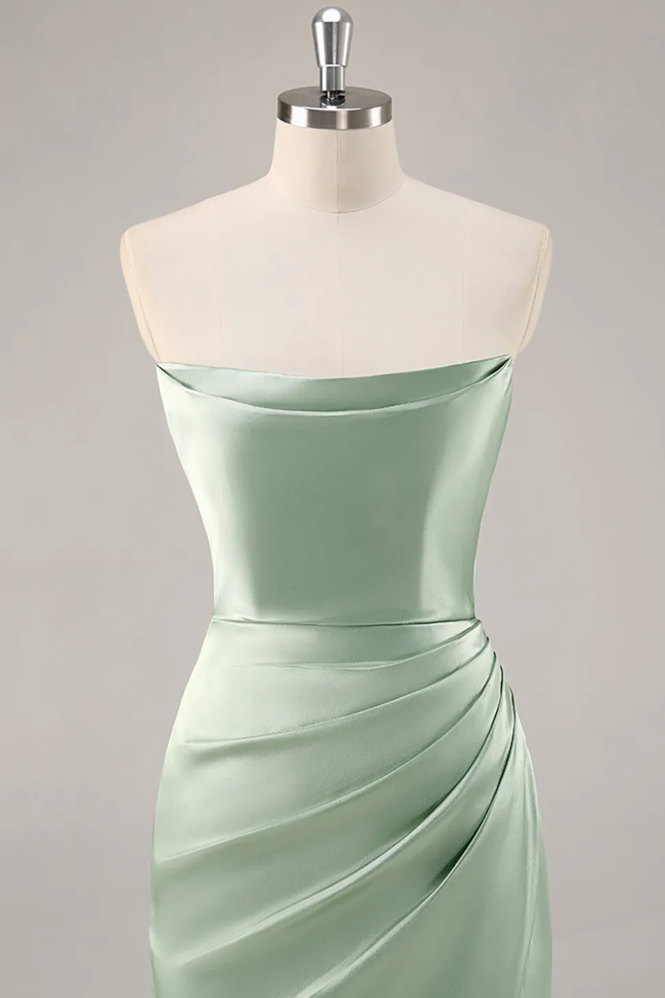 Sage Green cetim sem alças vestido longo dama de honra com fenda