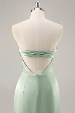 Sage Green cetim sem alças vestido longo dama de honra com fenda