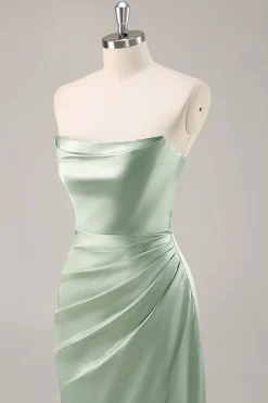 Sage Green cetim sem alças vestido longo dama de honra com fenda