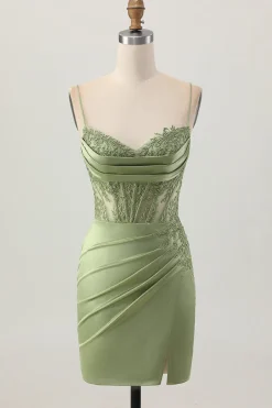 Sage Green Corset Tight Short Satin Homecoming Vestido com Fenda