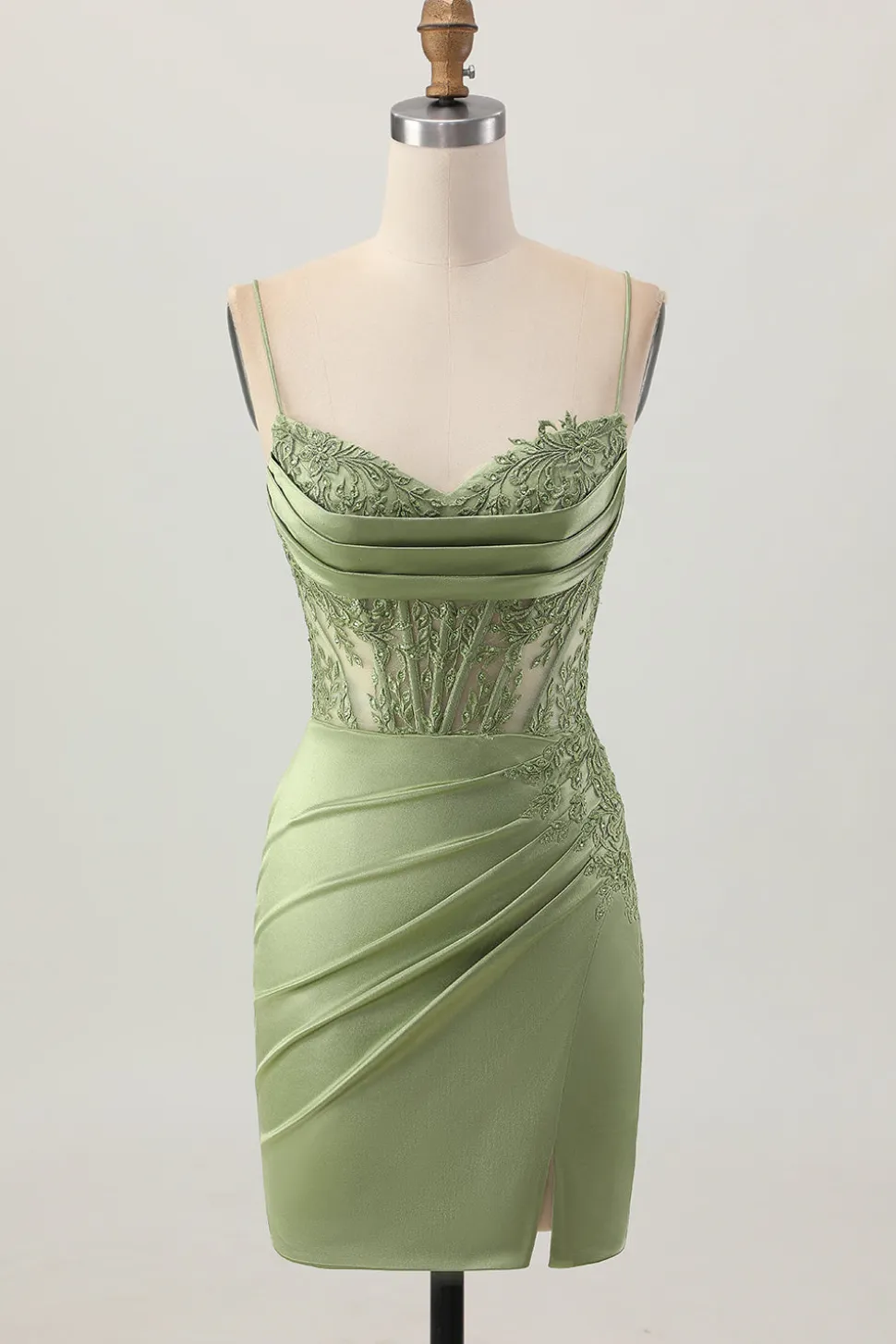 Sage Green Corset Tight Short Satin Homecoming Vestido com Fenda