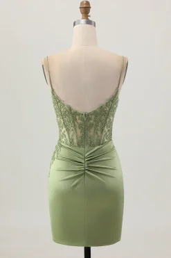 Sage Green Corset Tight Short Satin Homecoming Vestido com Fenda
