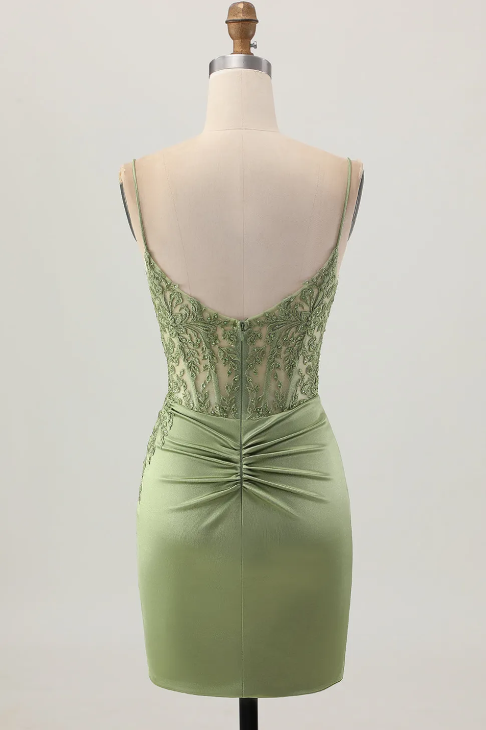 Sage Green Corset Tight Short Satin Homecoming Vestido com Fenda