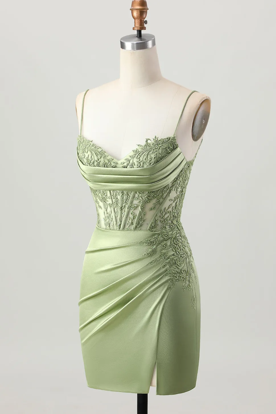 Sage Green Corset Tight Short Satin Homecoming Vestido com Fenda