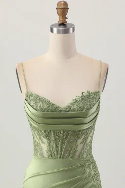 Sage Green Corset Tight Short Satin Homecoming Vestido com Fenda