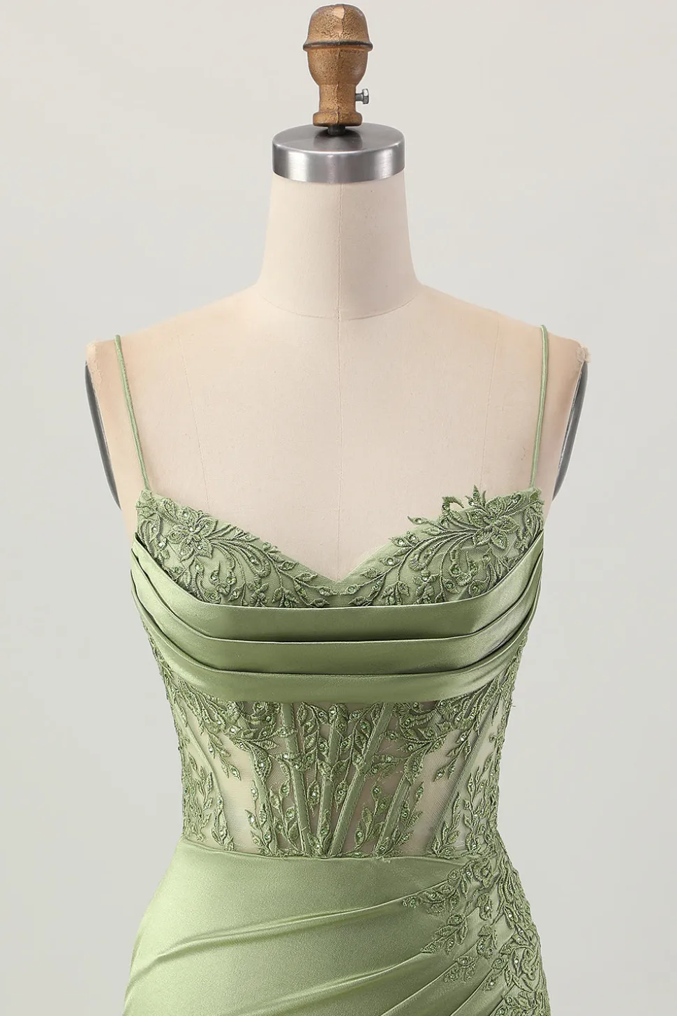 Sage Green Corset Tight Short Satin Homecoming Vestido com Fenda