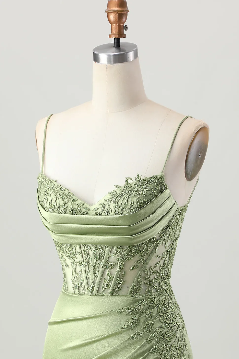 Sage Green Corset Tight Short Satin Homecoming Vestido com Fenda