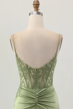 Sage Green Corset Tight Short Satin Homecoming Vestido com Fenda