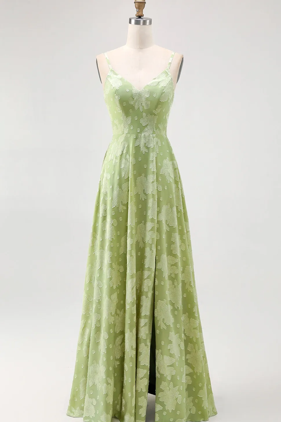 Sage Green Floral Uma linha vestido de dama de honra com fenda
