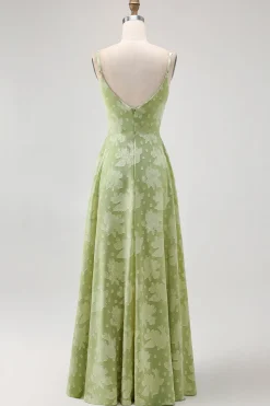 Sage Green Floral Uma linha vestido de dama de honra com fenda