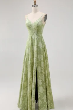 Sage Green Floral Uma linha vestido de dama de honra com fenda