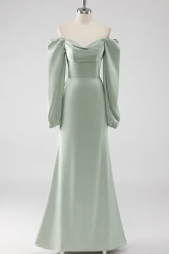 Sage Green Off the Shoulder Um vestido de dama de honra longo linha com mangas puff