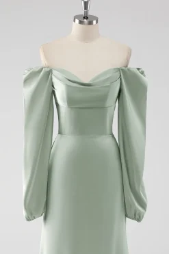 Sage Green Off the Shoulder Um vestido de dama de honra longo linha com mangas puff