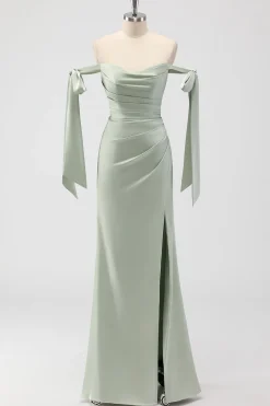 Sage Green Off The Shoulder Sereia Ruched Long Bridesmaid Dress
