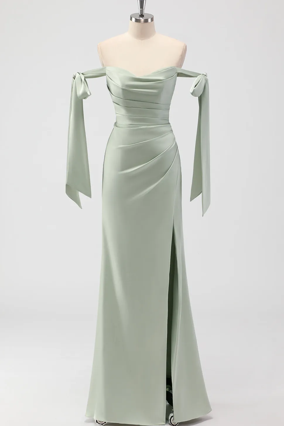 Sage Green Off The Shoulder Sereia Ruched Long Bridesmaid Dress