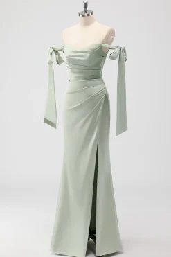 Sage Green Off The Shoulder Sereia Ruched Long Bridesmaid Dress