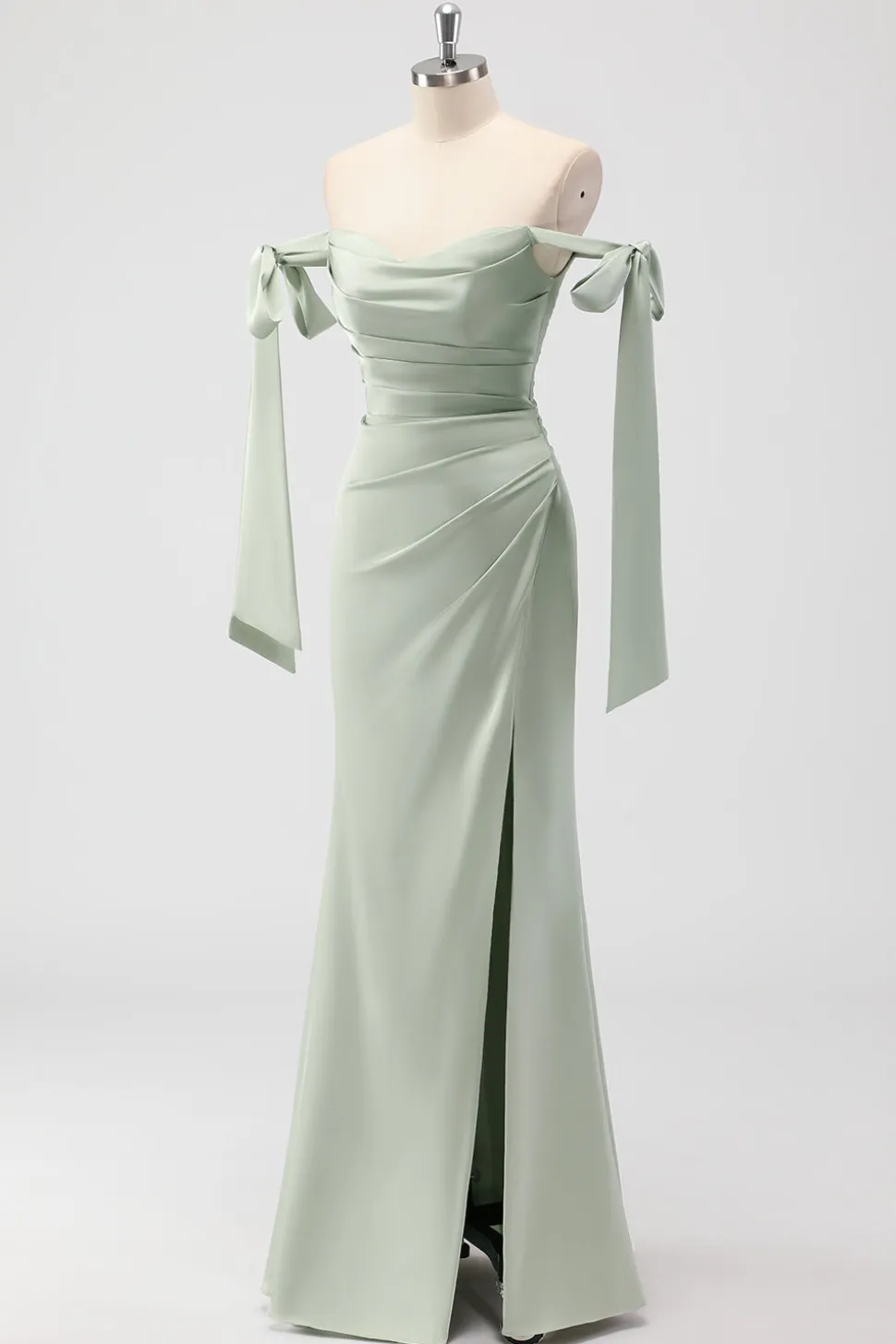 Sage Green Off The Shoulder Sereia Ruched Long Bridesmaid Dress