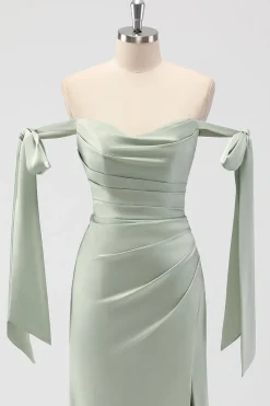 Sage Green Off The Shoulder Sereia Ruched Long Bridesmaid Dress