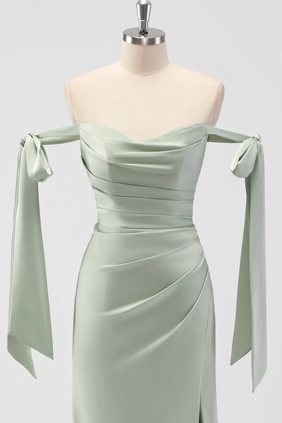 Sage Green Off The Shoulder Sereia Ruched Long Bridesmaid Dress