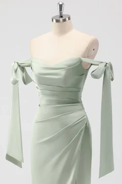 Sage Green Off The Shoulder Sereia Ruched Long Bridesmaid Dress