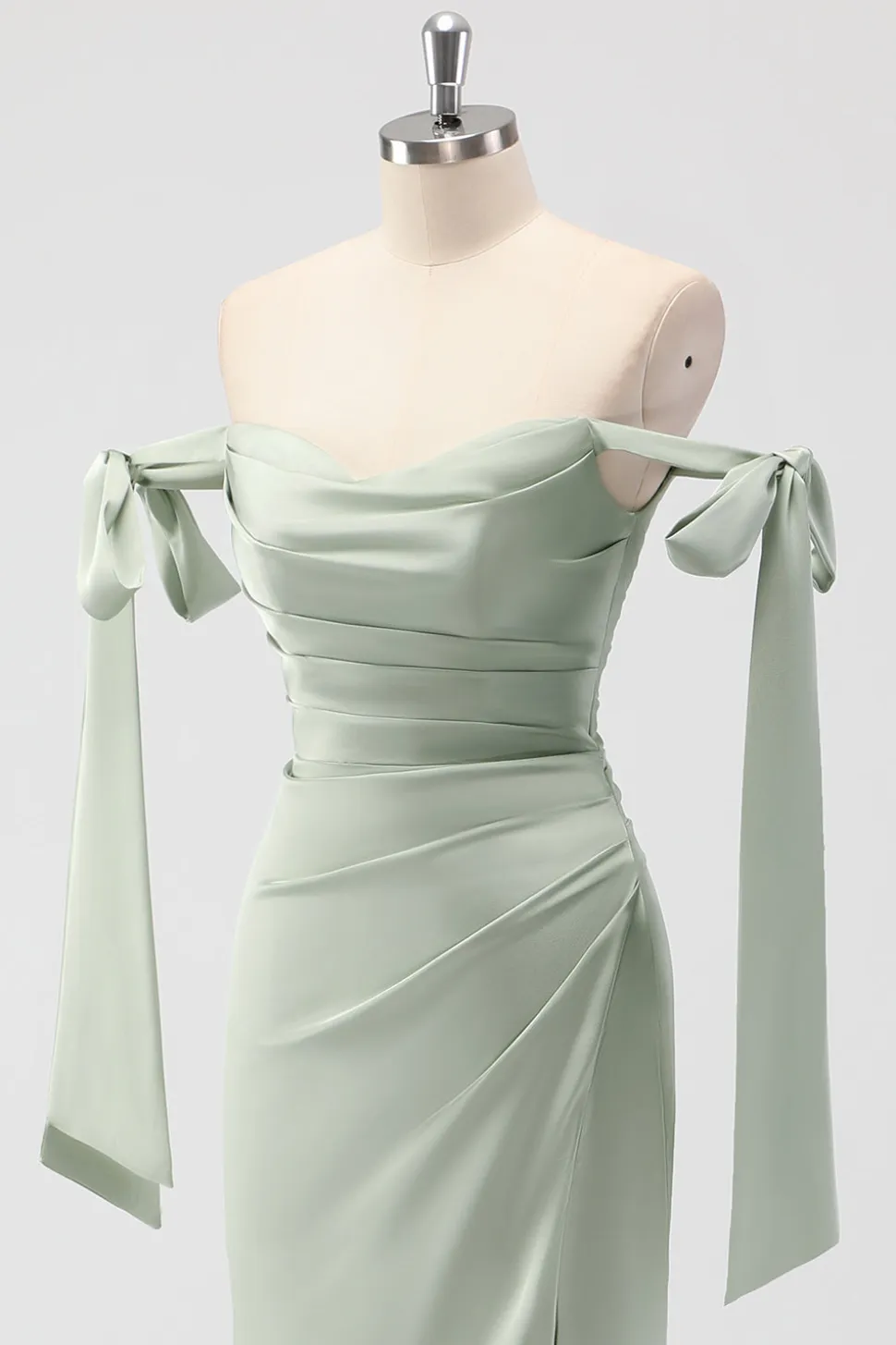 Sage Green Off The Shoulder Sereia Ruched Long Bridesmaid Dress