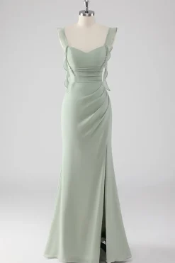 Sage Green Ruffled Bainha Lace-Up Back Long Vestido de Madrinha com Fenda