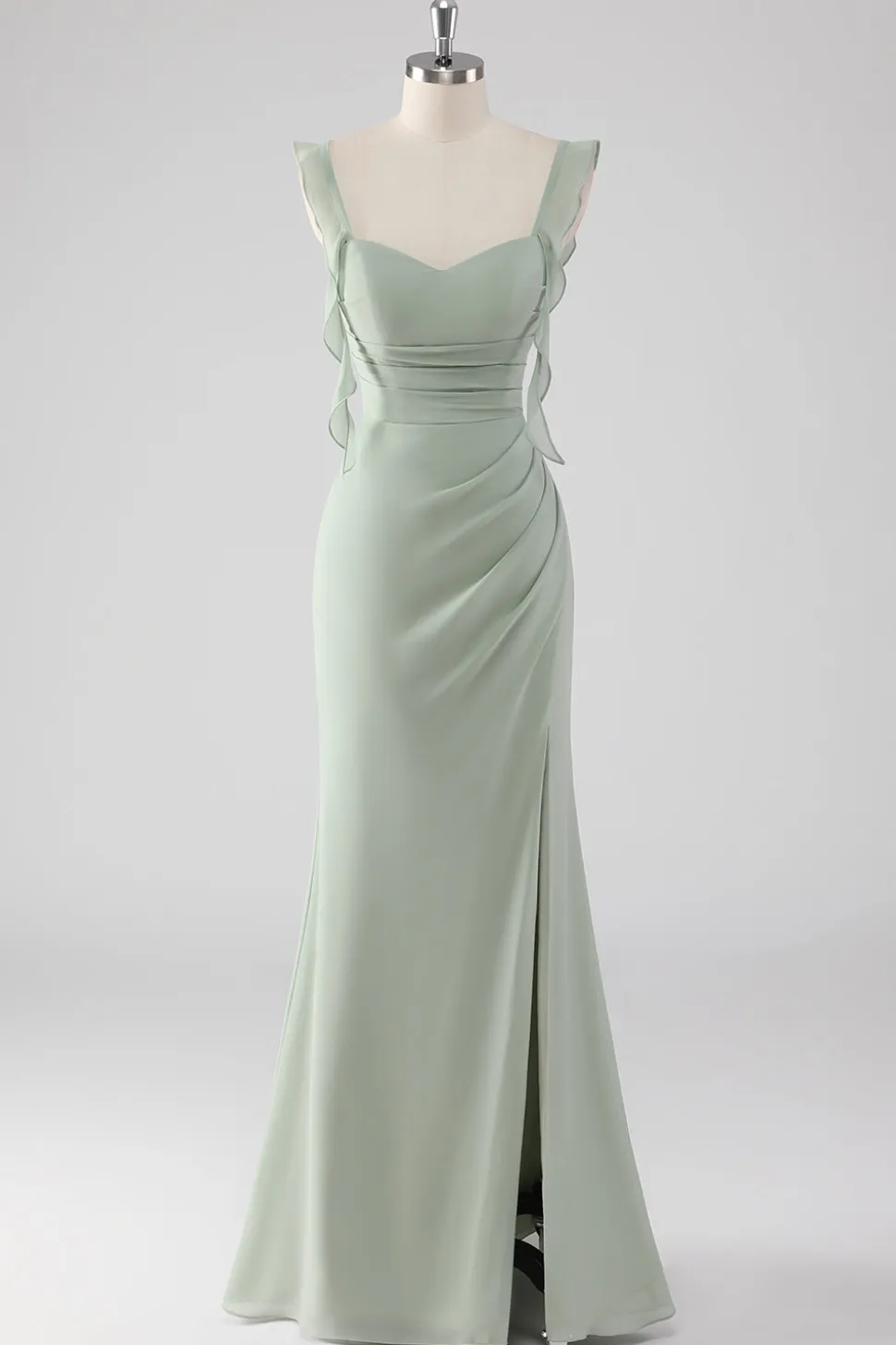 Sage Green Ruffled Bainha Lace-Up Back Long Vestido de Madrinha com Fenda