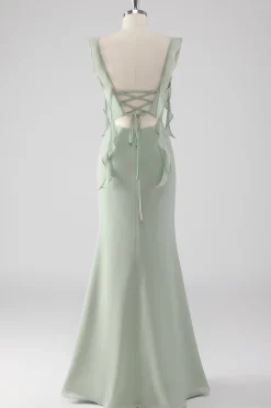 Sage Green Ruffled Bainha Lace-Up Back Long Vestido de Madrinha com Fenda
