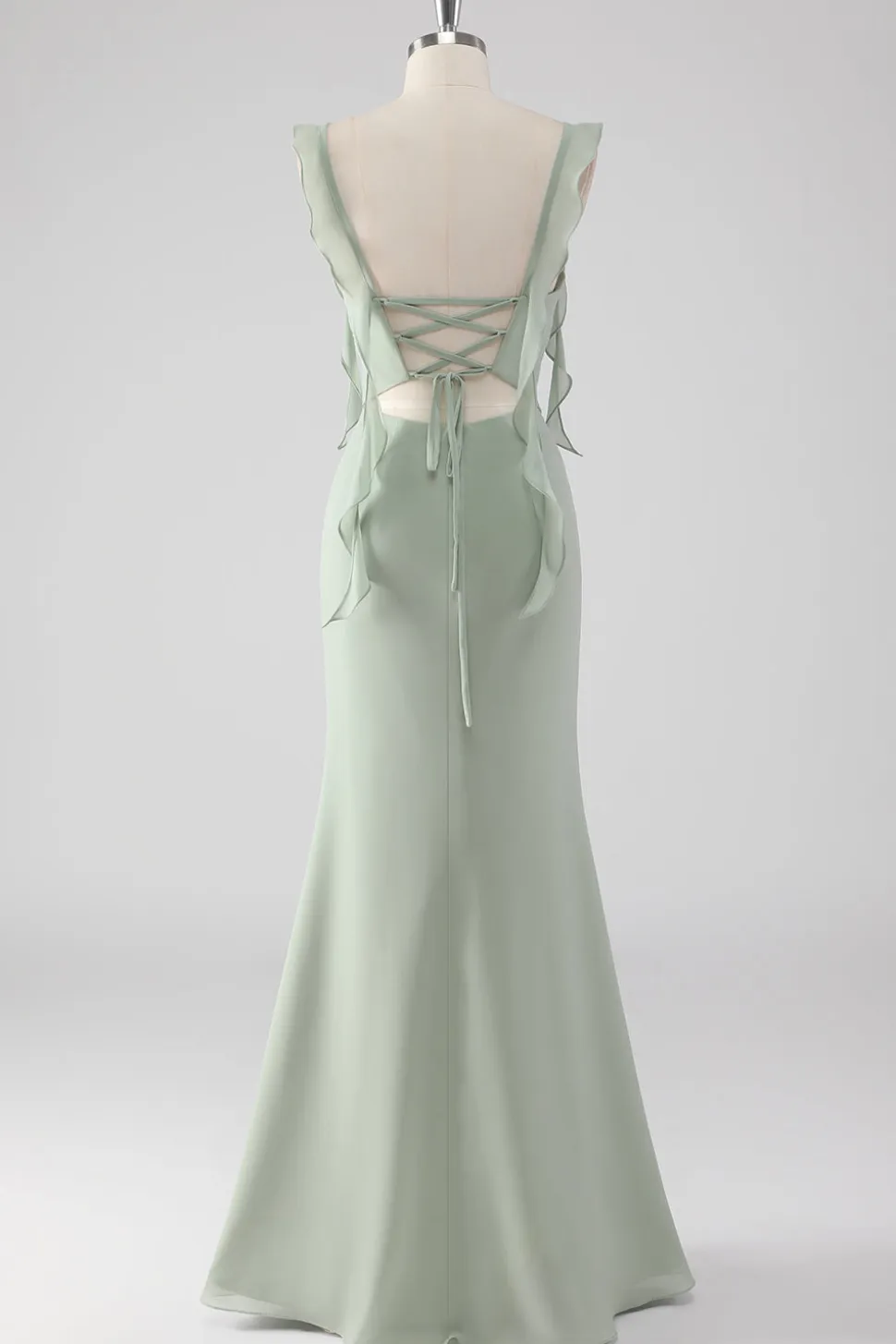 Sage Green Ruffled Bainha Lace-Up Back Long Vestido de Madrinha com Fenda