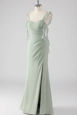 Sage Green Ruffled Bainha Lace-Up Back Long Vestido de Madrinha com Fenda