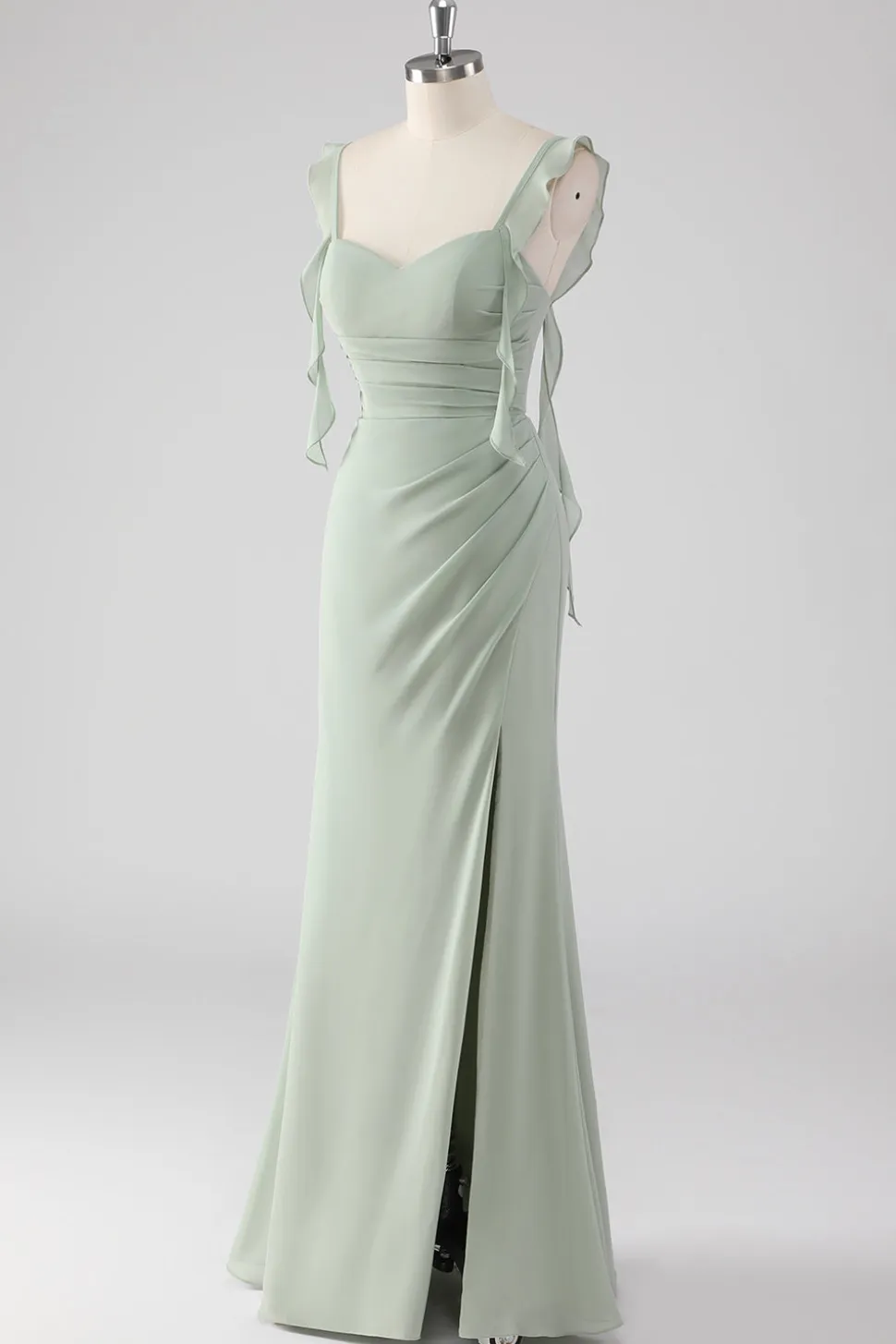 Sage Green Ruffled Bainha Lace-Up Back Long Vestido de Madrinha com Fenda