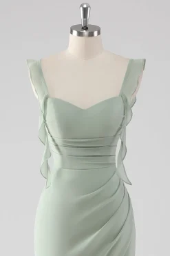 Sage Green Ruffled Bainha Lace-Up Back Long Vestido de Madrinha com Fenda